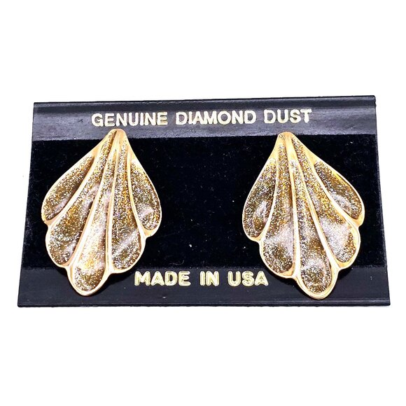 Vintage Gold Fan Earrings w/ Diamond Dust Inlay – Pierced – Made in USA - Picture 1 of 9